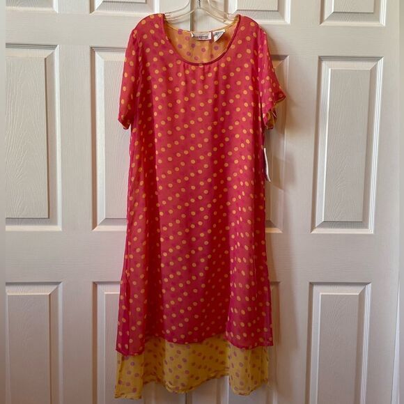 YELLOW-ORANGE-PINK CREPE POLKA DOT REVERSIBLE DRESS SIZE XL BY SILHOUETTES NWT - Picture 3 of 8